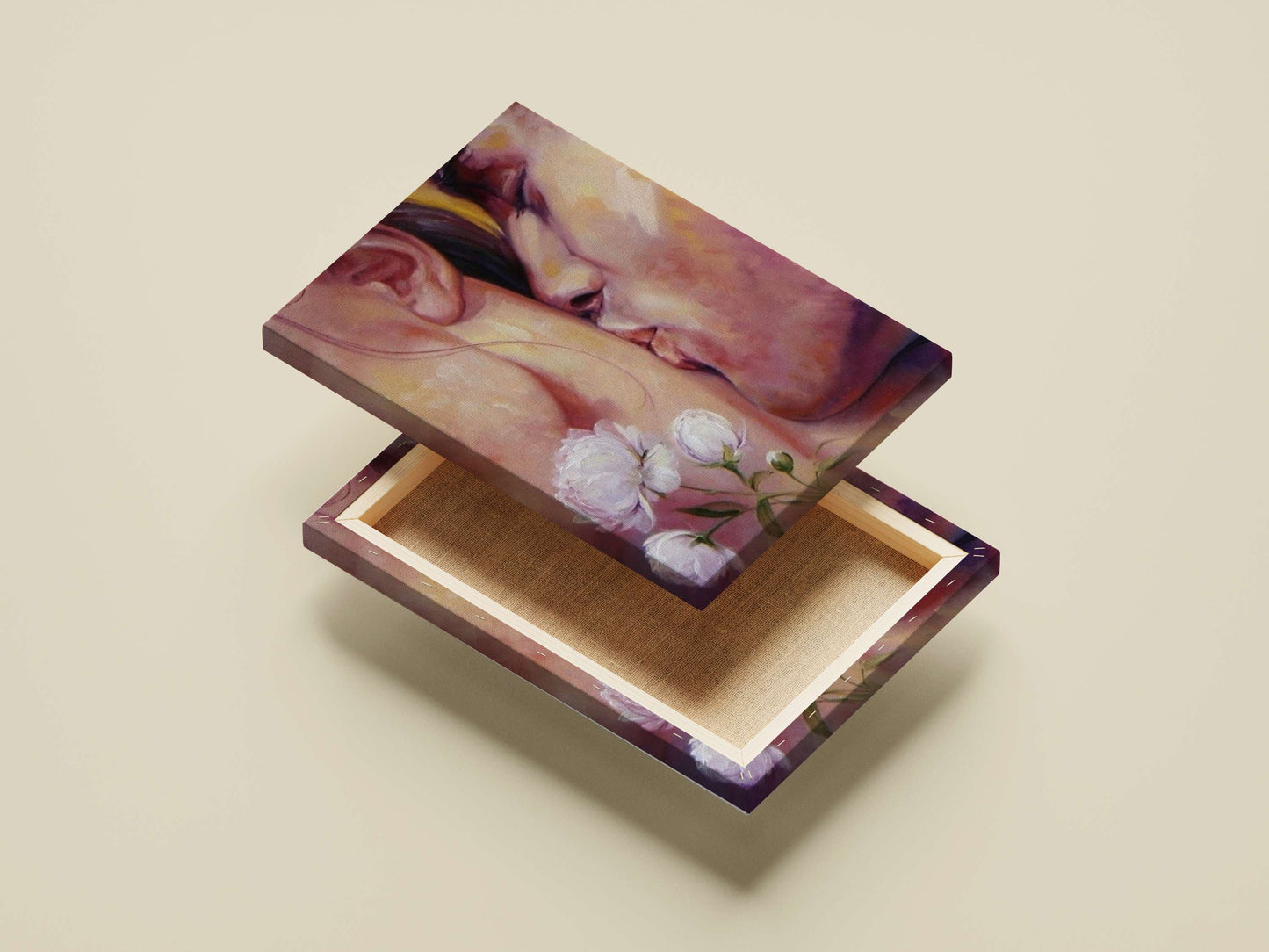 Intimate close-up painting of a couple kissing with white peonies on a bare shoulder Intimate