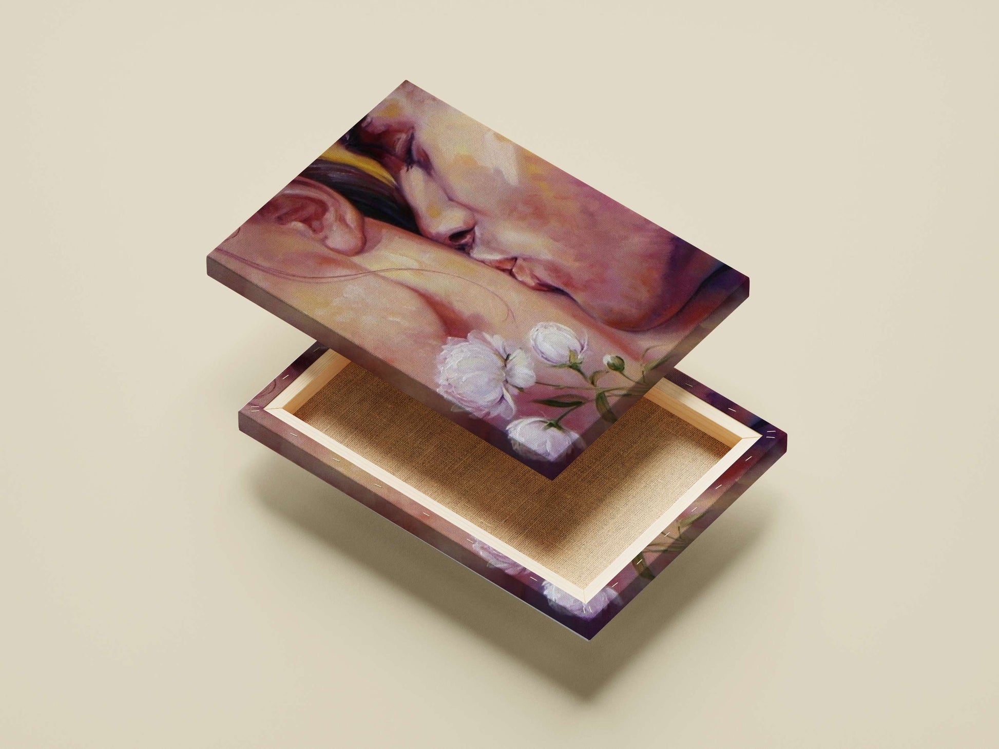 Intimate close-up painting of a couple kissing with white peonies on a bare shoulder Intimate