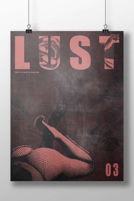 LUST (as the central typographic element with integrated imagery) Main Subject: LUST (as the central typographic element
