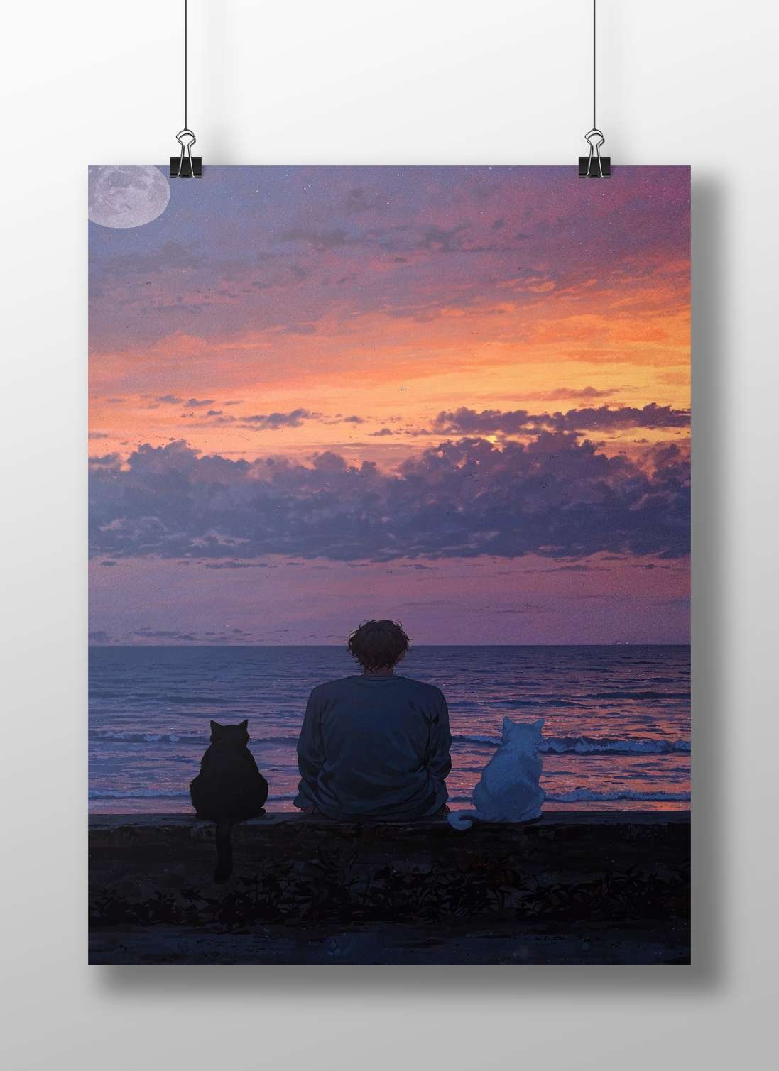 Anonymous Person, Black Cat, White Cat Anime Modern Digital Matte BoizzBoard rigid print — Anime wall art India | PosterBoizz