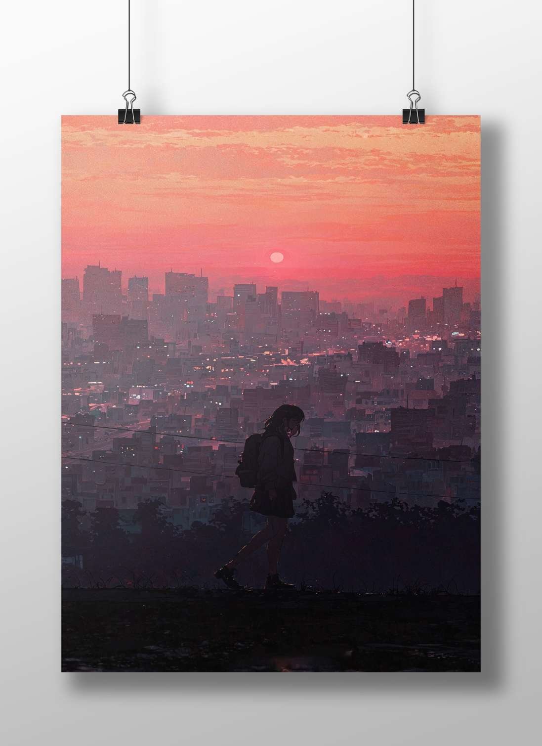 Silhouette of an anime girl walking against a cityscape at sunset Main Subject: Silhouette of an anime girl walking against