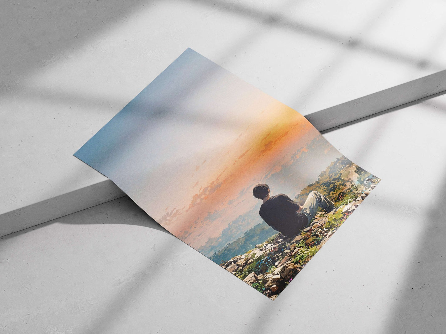 A seated man observing a sunset Main Subject: A seated man observing a sunset Matte poster print — Art wall art India |