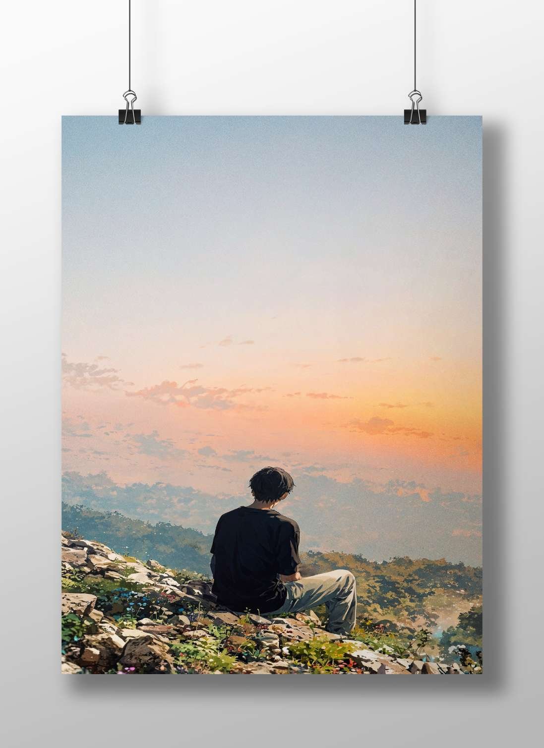 A seated man observing a sunset Main Subject: A seated man observing a sunset Matte BoizzBoard rigid print — Art wall art