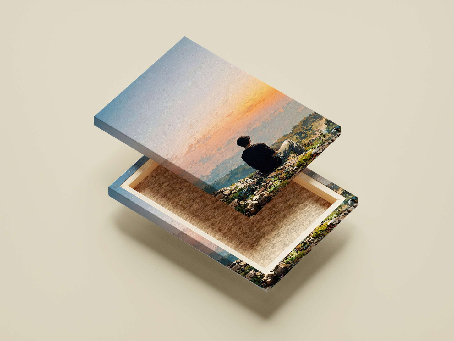 A seated man observing a sunset Main Subject: A seated man observing a sunset Canvas wall art — Art wall art India |