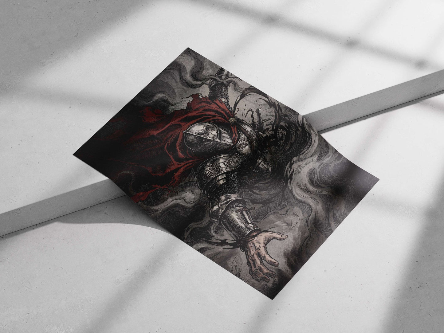 A medieval knight in detailed plate armor with a red cloak Main Subject: A medieval knight in detailed plate armor with a