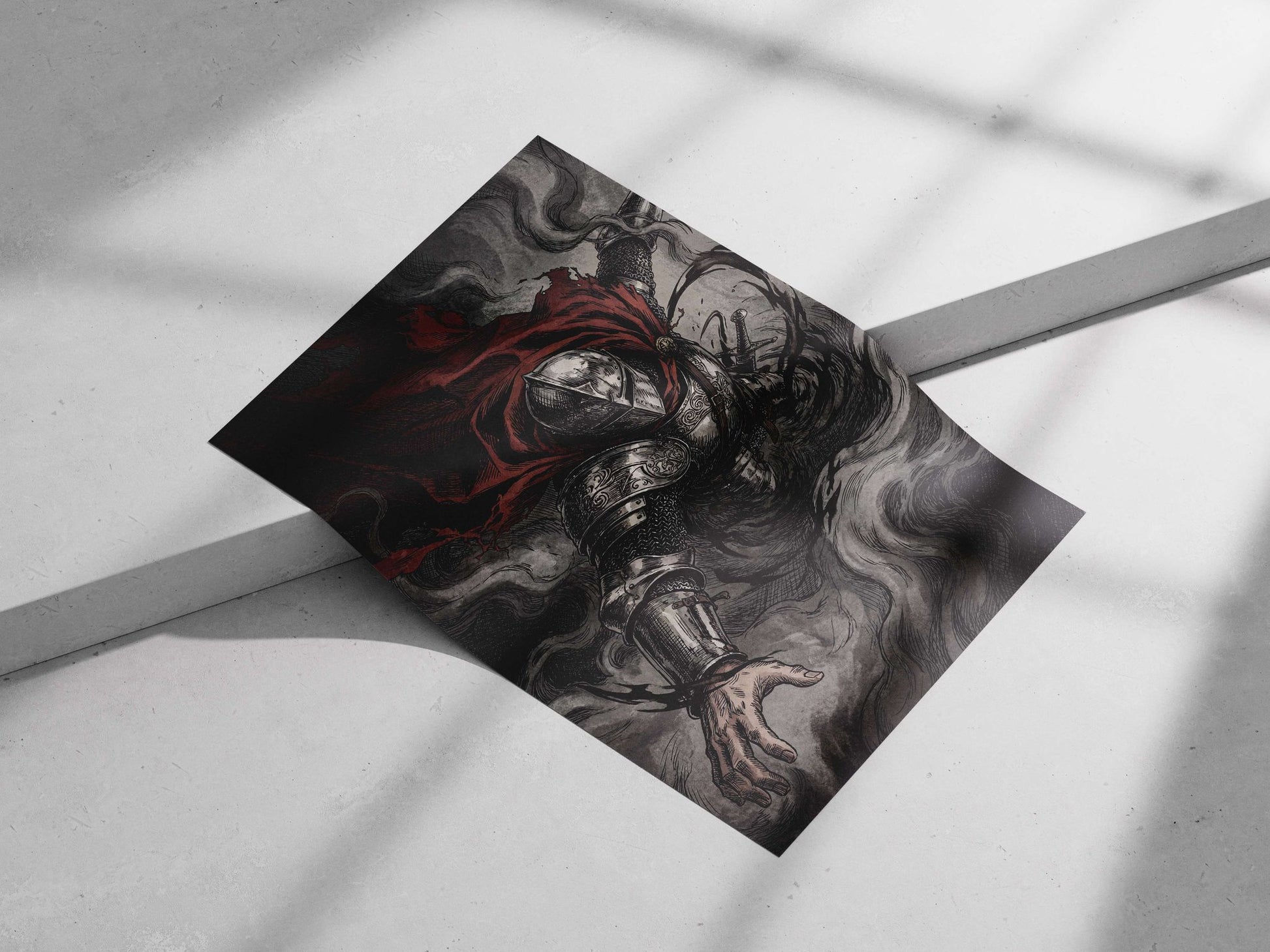 A medieval knight in detailed plate armor with a red cloak Main Subject: A medieval knight in detailed plate armor with a