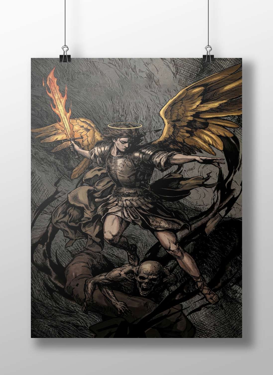 Michael the Archangel (depicted as an angelic warrior with golden wings, halo, flaming sword, and standing over a skull)