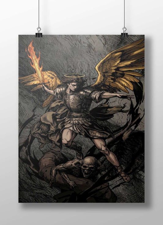 Michael the Archangel (depicted as an angelic warrior with golden wings, halo, flaming sword, and standing over a skull)