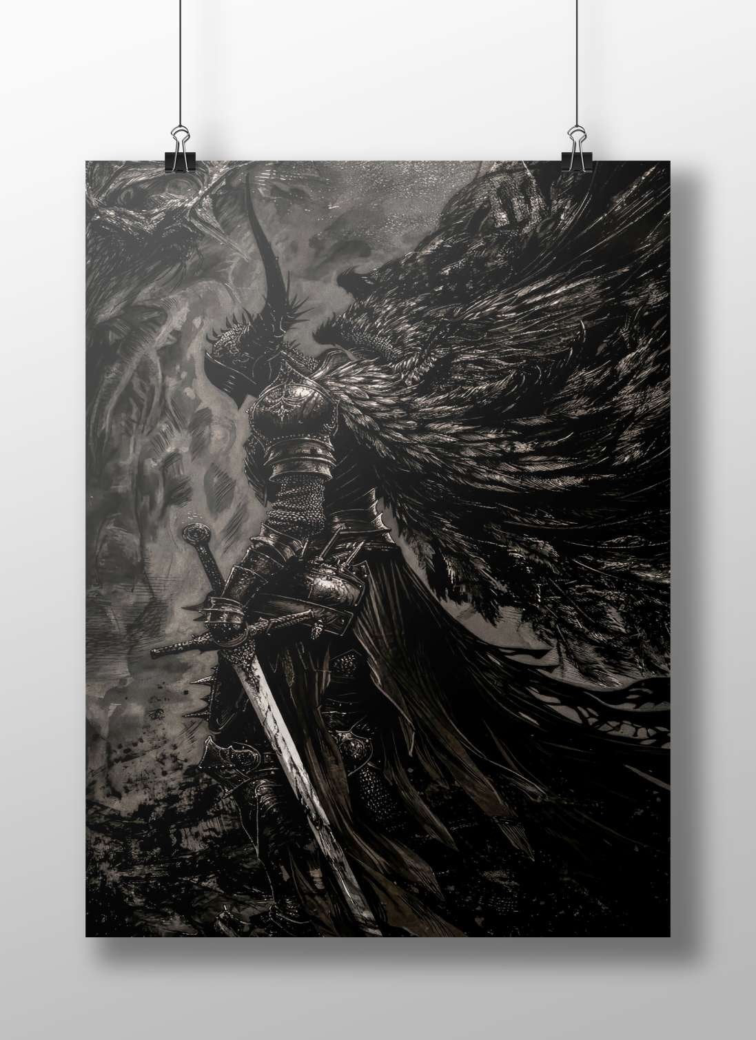 Armored winged warrior with massive black feathered wings and a sword Main Subject: Armored winged warrior with massive
