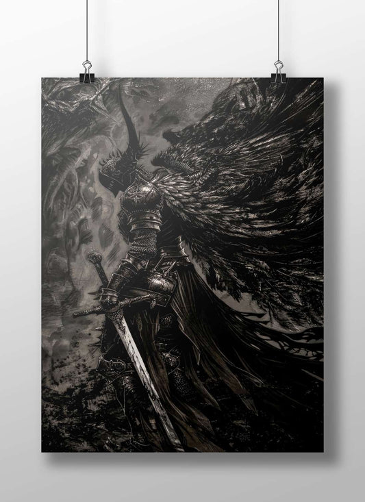 Armored winged warrior with massive black feathered wings and a sword Main Subject: Armored winged warrior with massive