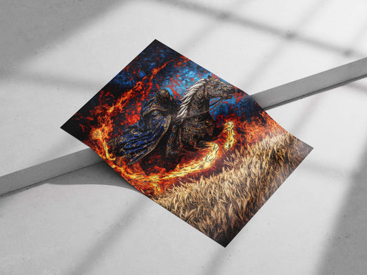 A knight in ornate blue armor riding a steed through flames Main Subject: A knight in ornate blue armor riding a steed