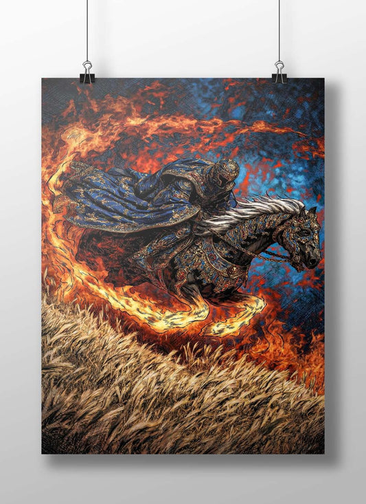 A knight in ornate blue armor riding a steed through flames Main Subject: A knight in ornate blue armor riding a steed