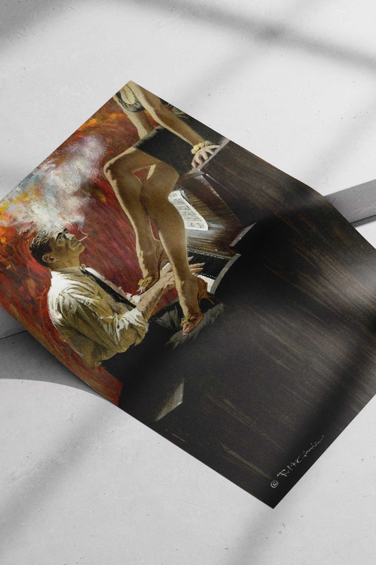 Man playing piano with woman's legs resting on piano, cigarette smoke Man Playing Piano With