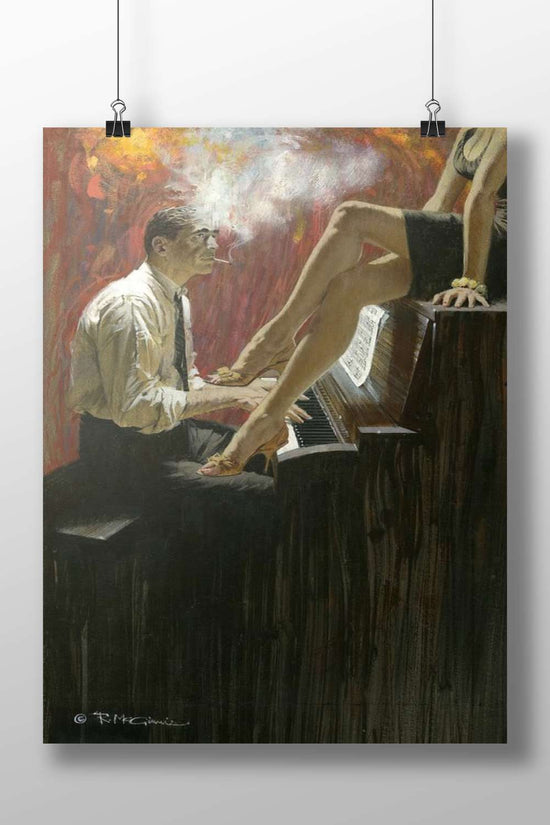 Man playing piano with woman's legs resting on piano, cigarette smoke Man Playing Piano With