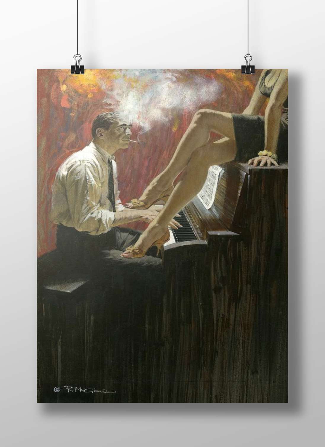 Man playing piano with woman's legs resting on piano, cigarette smoke Man Playing Piano With