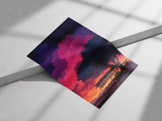 Wooden market stall with hanging round items under a large tree at sunset Main Subject: Wooden market stall with hanging
