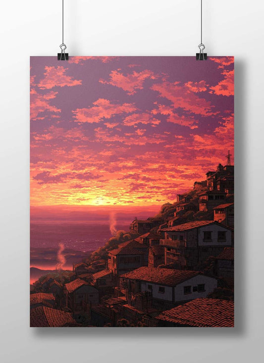 Hillside town Main Subject: Hillside town Matte BoizzBoard rigid print — Anime wall art India | PosterBoizz