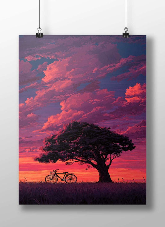 A black silhouette of a bicycle with baskets parked beside a large dark tree. Main Subject: A black silhouette of a bicycle