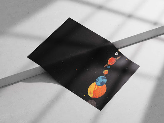 A stylized depiction of the Solar System's planets including Earth, Jupiter, Saturn, and Mars. Main Subject: A stylized
