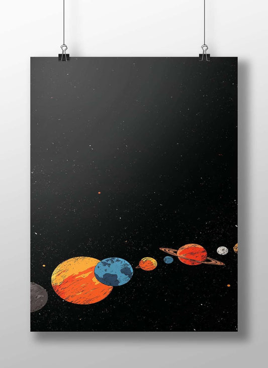 A stylized depiction of the Solar System's planets including Earth, Jupiter, Saturn, and Mars. Main Subject: A stylized