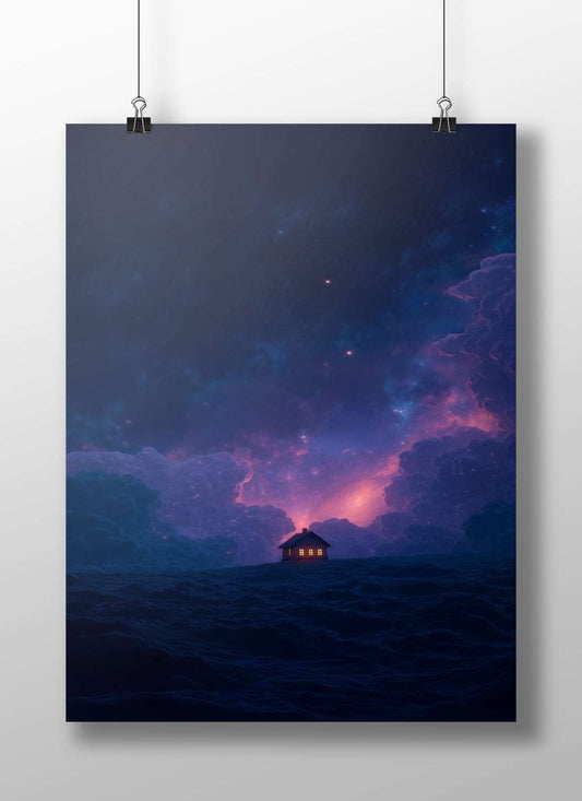 A small cottage with illuminated windows Main Subject: A small cottage with illuminated windows Matte BoizzBoard rigid print