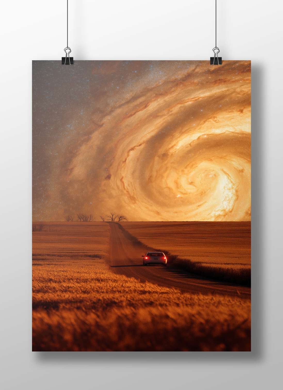 A white SUV driving on a dirt road under a massive spiral galaxy Main Subject: A white SUV driving on a dirt road under a