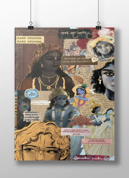 "Radha Krishna Poster – Divine Collage Art for Spiritual Wall Decor | Bhakti & Krishna Consciousness Theme"