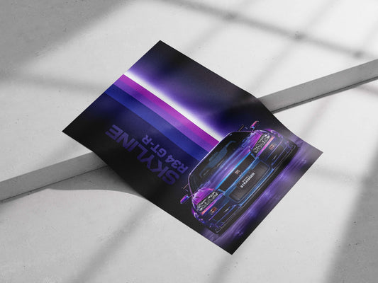 Nissan Skyline R34 GT-R Main Subject: Nissan Skyline R34 GT-R Matte poster print — Cars wall art India | PosterBoizz