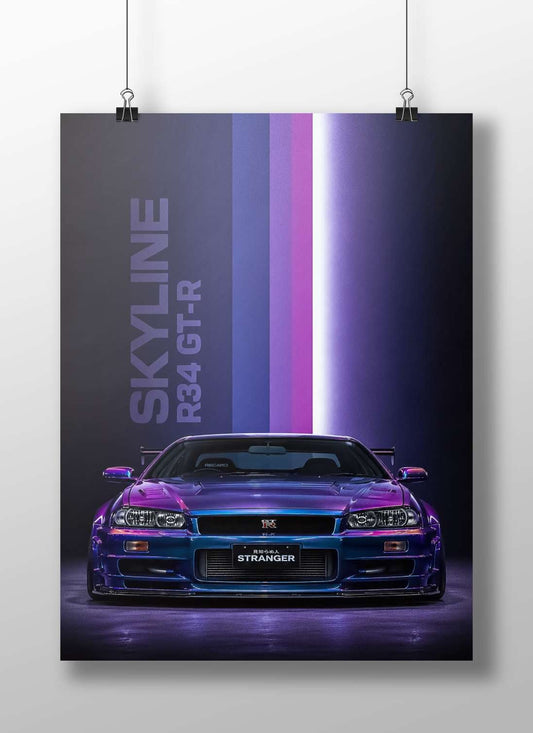 Nissan Skyline R34 GT-R Main Subject: Nissan Skyline R34 GT-R Matte BoizzBoard rigid print — Cars wall art India |