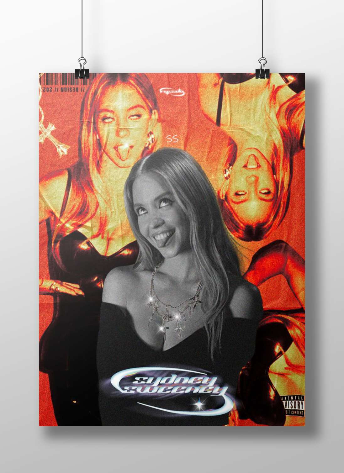 Sydney Sweeney Confident Red Digital Collage Poster – Glamorous Western Celeb Wall Art