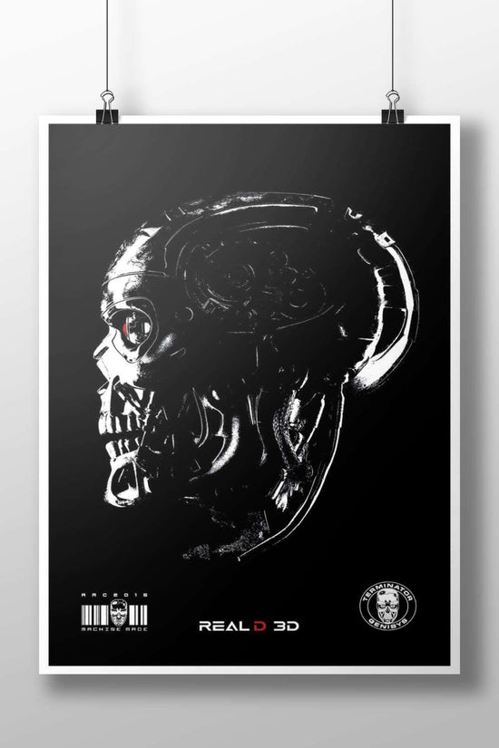 Terminator (specifically T-800 from Terminator Genisys, as confirmed by "TERMINATOR GENISYS" logo and franchise context).
