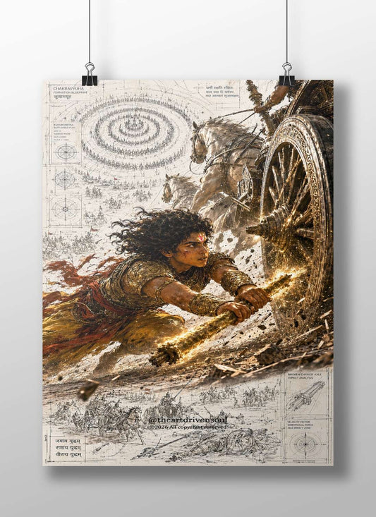 Arjuna from the Indian epic Mahabharata, depicted battling within the Chakravyuha formation at Kurukshetra. Main Subject: