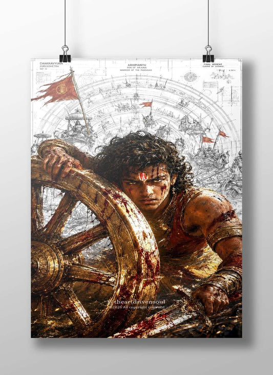 Abhimanyu, son of Arjuna from the Mahabharata epic (specifically Kurukshetra battlefield context) Main Subject: Abhimanyu,