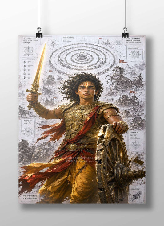 Abhimanyu (a character from the Hindu epic Mahabharata), depicted with a golden sword and chariot amid a battlefield