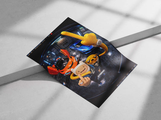 Finn (from Adventure Time) and a custom yellow dog character alongside two supercars (orange McLaren-style and blue