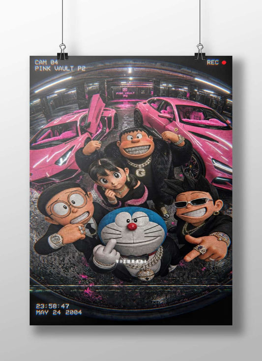Doraemon franchise characters (Nobita, Shizuka, Gian, Suneo) and pink Ferrari sports cars (referenced by “PINK VAULT P2” in
