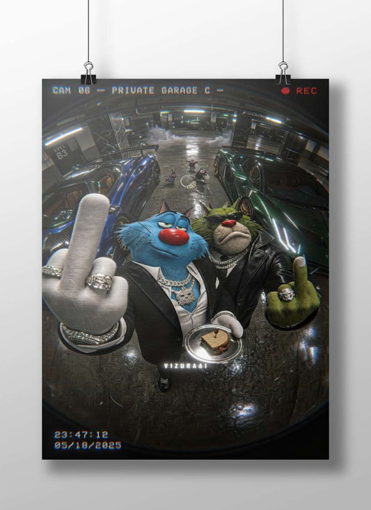Sylvester (from Tom & Jerry franchise) and a stylized green feline character Main Subject: Sylvester (from Tom & Jerry