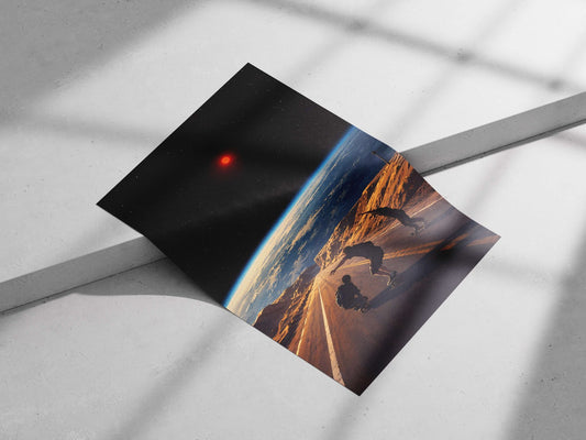 Three people skateboarding on a road overlooking Earth Main Subject: Three people skateboarding on a road overlooking Earth