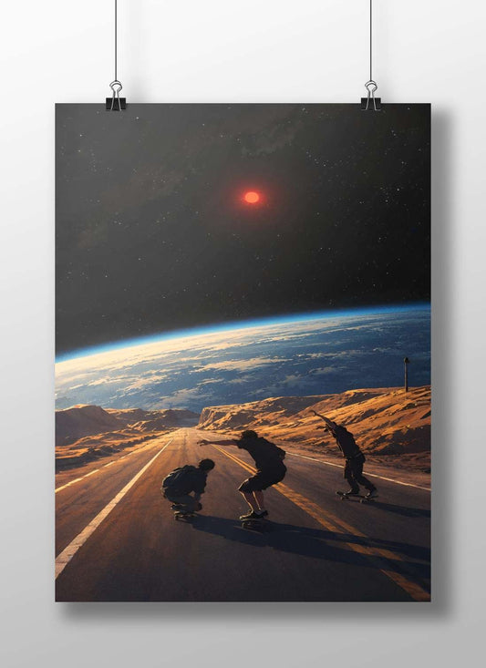 Three people skateboarding on a road overlooking Earth Main Subject: Three people skateboarding on a road overlooking Earth