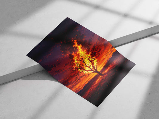 A lone leafless tree engulfed in bright orange flames Main Subject: A lone leafless tree engulfed in bright orange flames