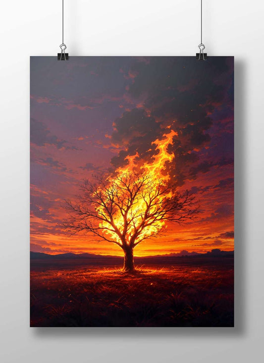 A lone leafless tree engulfed in bright orange flames Main Subject: A lone leafless tree engulfed in bright orange flames