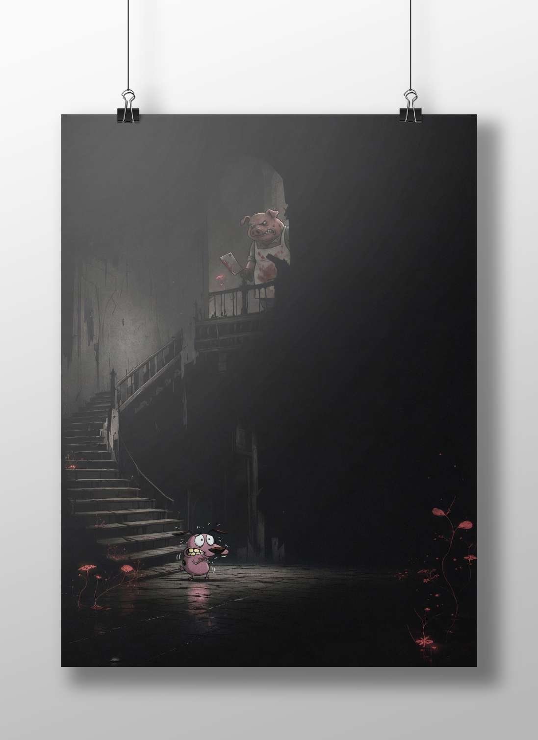 An anthropomorphic pig holding a bloodstained knife on a balcony and a small pink cartoon animal below Main Subject: An