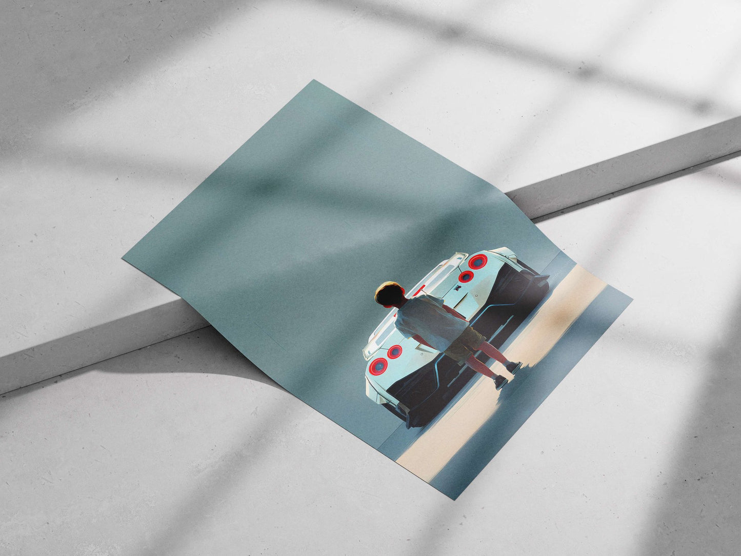 A young boy facing a white Nissan GT-R R35 Main Subject: A young boy facing a white Nissan GT-R R35 Matte poster print —