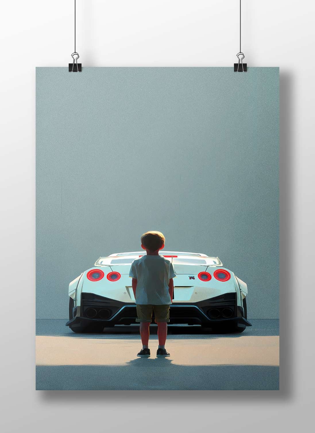 A young boy facing a white Nissan GT-R R35 Main Subject: A young boy facing a white Nissan GT-R R35 Matte BoizzBoard rigid