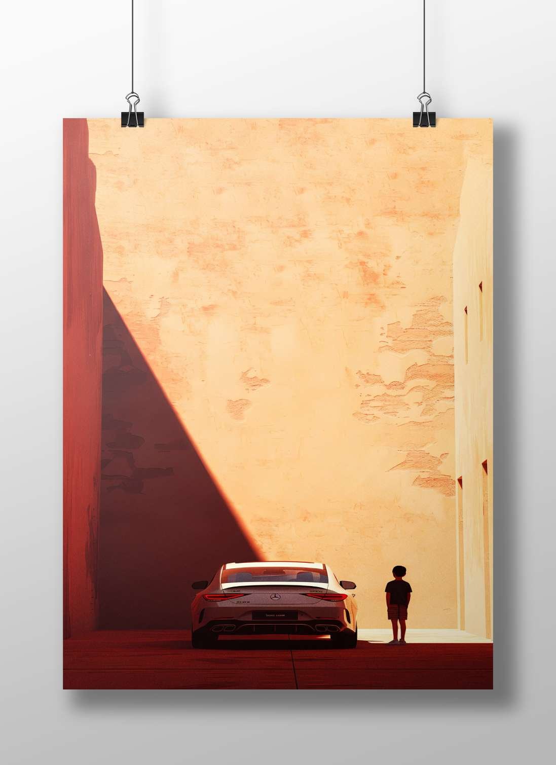 Mercedes-Benz AMG sedan and a young boy Main Subject: Mercedes-Benz AMG sedan and a young boy Matte BoizzBoard rigid print —