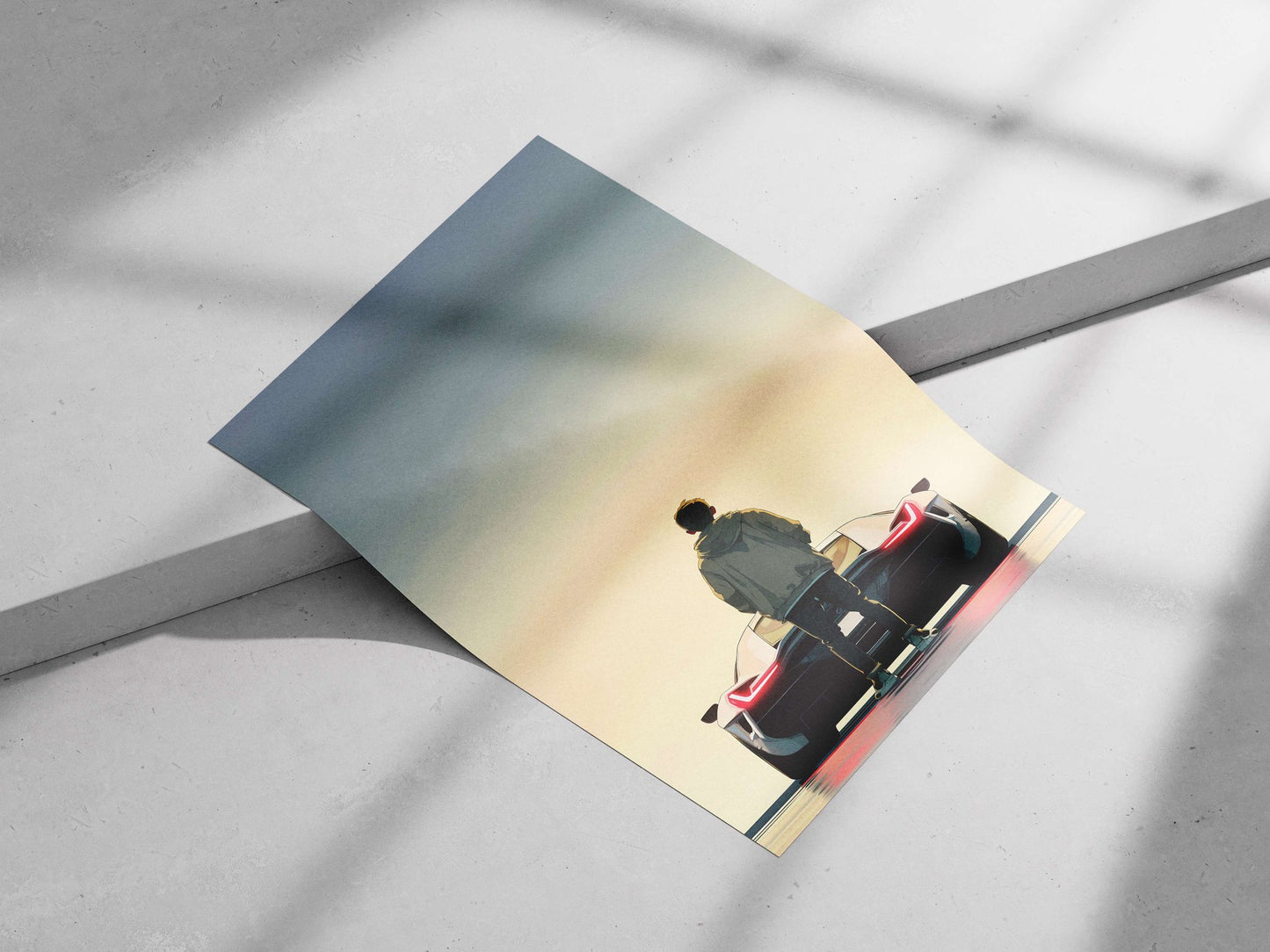 A young man standing behind a sleek white futuristic sports car Main Subject: A young man standing behind a sleek white