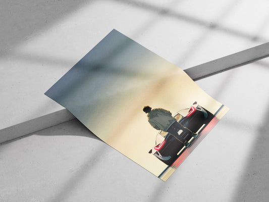 A young man standing behind a sleek white futuristic sports car Main Subject: A young man standing behind a sleek white
