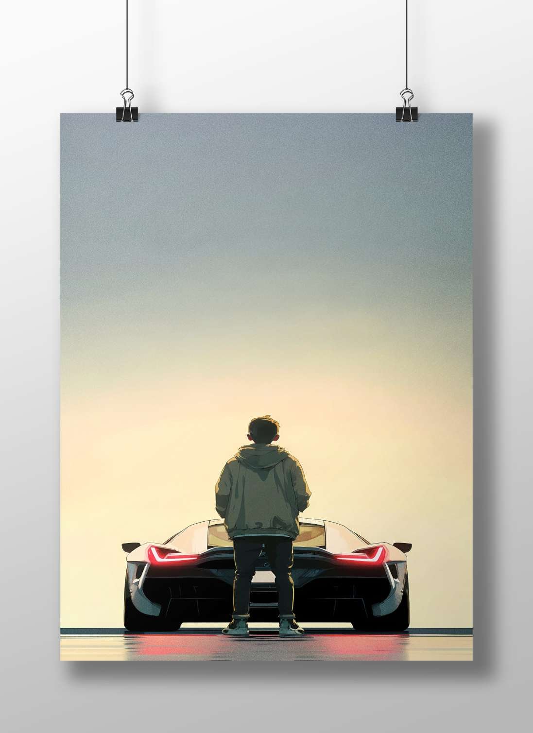 A young man standing behind a sleek white futuristic sports car Main Subject: A young man standing behind a sleek white
