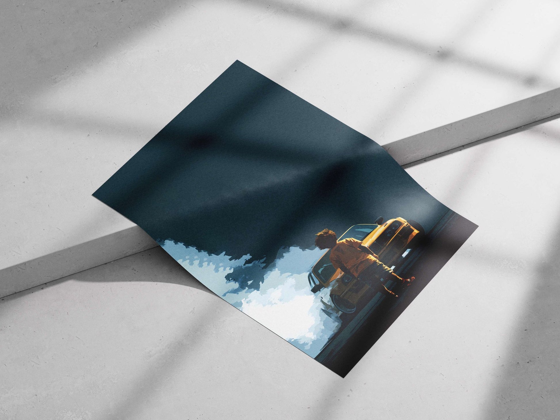 A yellow BMW 3 Series (E21) and a child Main Subject: A yellow BMW 3 Series (E21) and a child Matte poster print — Cars wall