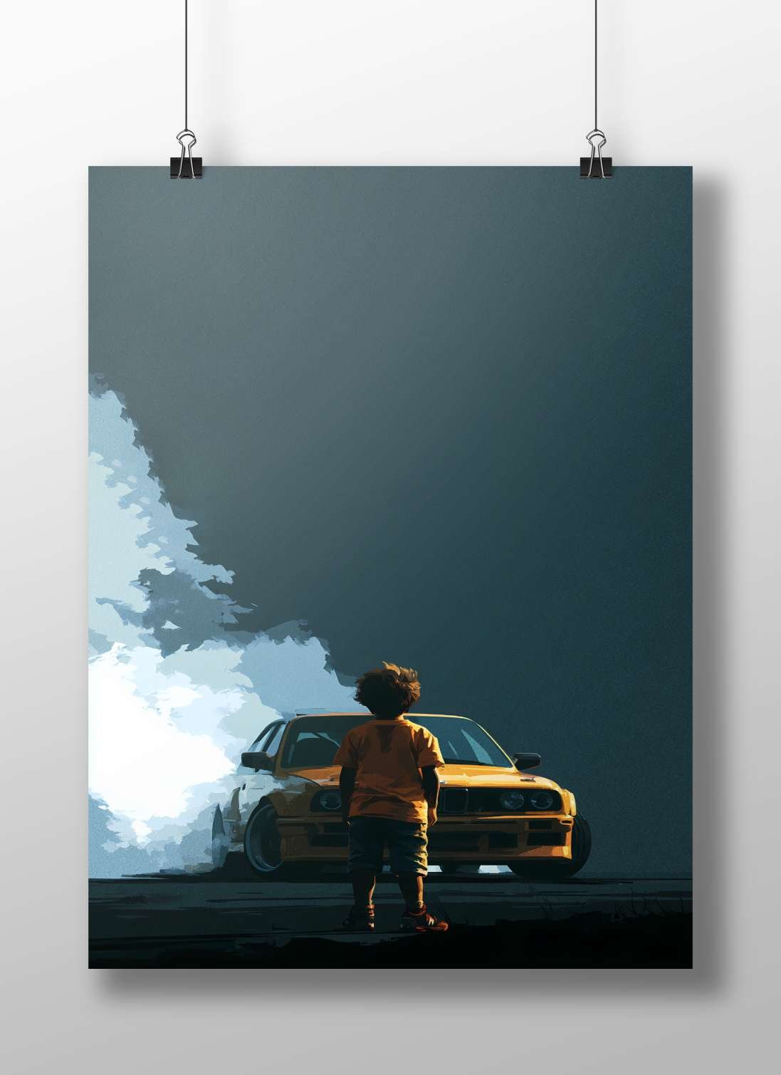 A yellow BMW 3 Series (E21) and a child Main Subject: A yellow BMW 3 Series (E21) and a child Matte BoizzBoard rigid print —
